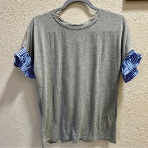 Gray T-Shirt with Blue Striped Ruffle Sleeves & Bows on Back
